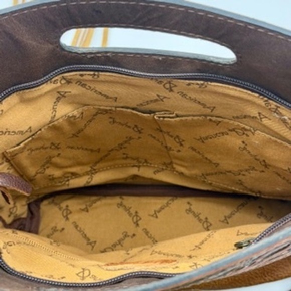 American Darling Tooled Leather Hair on Hide Gold Fringe Crossbody Bag Brown - Picture 9 of 11